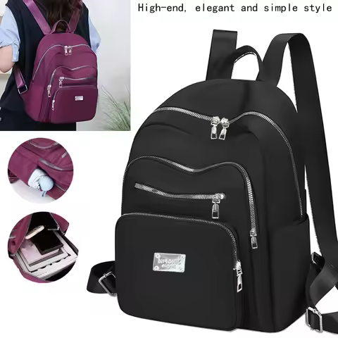 Classic Multi-pocket Nylon Backpack For Women, Adjustable Shoulder Straps Simple Casual School Trave