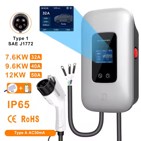 Type1 EV Charger Station 7.6KW 9.6KW 12KW SAE J1772 32A 40A 50A EVSE Wallbox APP RFID Card Control C
