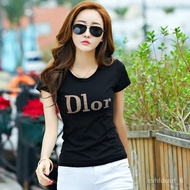 YQ Cotton Short SleeveTWomen's T-shirt2022Summer New Korean Style Fashion Rhinestone Slim Fit Casual