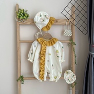 Bodysuit cho bé gái sơ sinh kèm mũ và giày vải chất xô muslin mềm mát thấm hút mồ hôi. Body trẻ em d