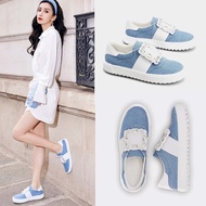 Casual shoes RV rhinestone square buckle sneakers women's casual shoes soft leather flat cloud white