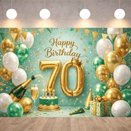 70th Happy Birthday Backdrop Polyester Waterproof Banner Green Gold Balloon Champagne Decor Photo Sh