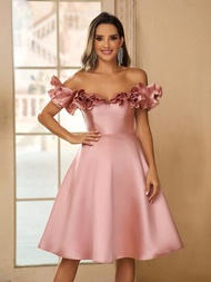 SHEIN Belle 優雅迷人的女士香檳色和蓮花粉色露肩A字褶皺高腰裙，搭配3D褶皺，V領和傘形下擺，適合於舞會、返校舞會、派對和雞尾酒場合。