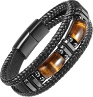LDMB Tiger Eye Black Leather Bracelet Men Natural Gemstone Crystal Stone Jewelry Handmade Courage St