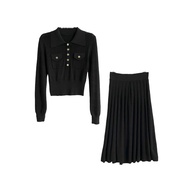 Design Hollow Knitted Skirt French Long-Sleeved Simple Small cod Niche Retro Fragrance Top Lapel fas