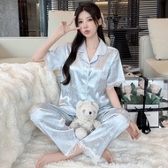 【35-65KG】店铺热销新款ins高级感冰丝睡衣女款清凉感可外穿蕾丝短袖长裤家居服夏天