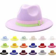 Fedora Hats for Women Men Green Pink Patckwork Belt Felt Sun Hat New Fashion Wide Brim Panama Trilby Cap Wholesale