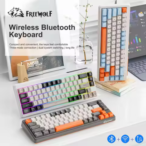FREEWOLF M68 Three-mode BT/2.4G/Wired Keyboard, 2000mAh Battery, Colorful Rainbow Backlit, Durable P