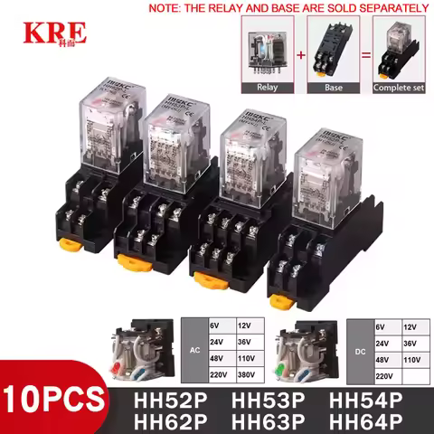 10PCS Miniature Control Small Intermediate Relay With Socket Base AC 110V 220V DC 12V 24V HH52P HH53