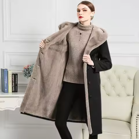 Fleece Lined Women Winter Mink Fur Jacket Black Single Breasted Hooded Female Eco Fur Coat Windproof