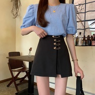 Clearance stock READY STOCK P584 High Waist Short skirt 显瘦不规则别针装饰高腰防走光a字短裙