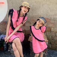 1-14 Y PlaTogether Parent-Child Wear Summer Mother-Daughter Dress Korean Version Ruffled Designer Style Contrast Color Dress