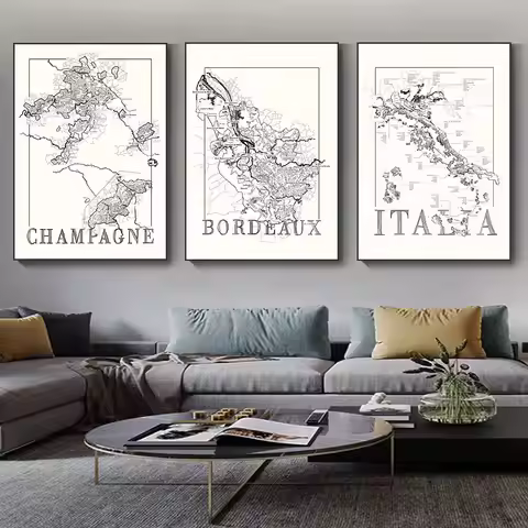 Black and white retro Champagne Map, Italy Wine Map,Wine Map of Bordeaux Canvas Painting Wall Poster