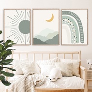 Cartoon Sun Mountain Rainbow Nursery Wall Art Canvas Painting Sage Green Boho Kids Room Posters Print Picture Baby Bedroom Decor