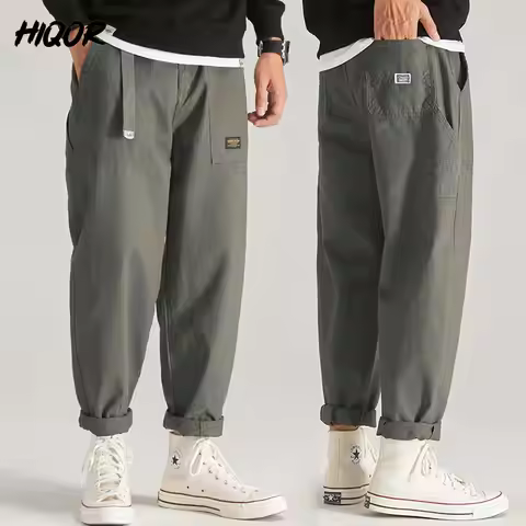 HIQOR Autumn Winter Men's Pant Cargo Pants Casual Multi Pocket Trouser Plus Size Fashion Belt Design