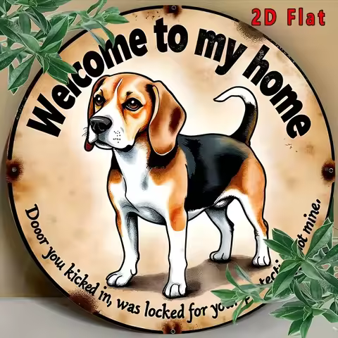 2D Flat, [2D Flat] 1pc Round Welcome to My Home" Beagle Dog Metal Sign - 8-Inch Aluminum, Waterproof