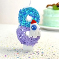 Glitter Blue Purple Boy Rocket Planet Cake Candle Happy Boys Baby Birthday Cake Topper Wedding Desse