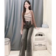 9090 Classic Smoky Color Micro-Flared Denim Trousers Leg Brushed Design Long Wide Pants High Waist S