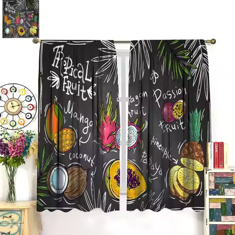 Fruit Decorative Window Curtains, Hand Drawn Mango Dragon Fruit Papaya Coconut and Pineapple Tropica