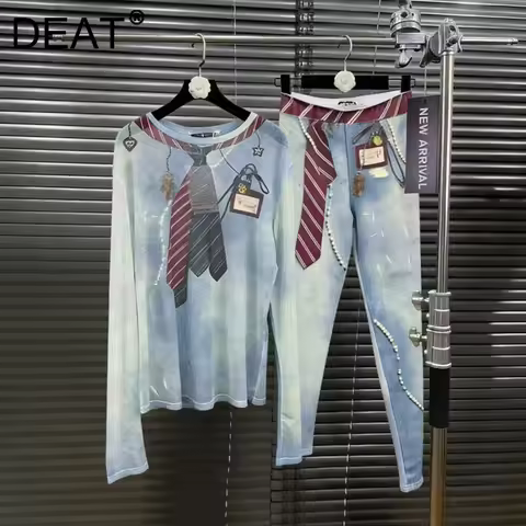 DEAT 2026 Spring New Tiem Tie Pearls Printed Denim Style Mesh Top For Women Slim Stretch Pencil Pant