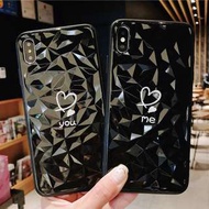 (SH)手機殼IPhone6(s)/7/8/Plus/XR/X(S)/MAX : 情侶純黑愛心鑽石紋全包黑邊軟殼