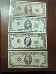 美金套組∼少見難蒐集1985年版美國美金1、5、10、20元(同簽名同年份）4張合拍