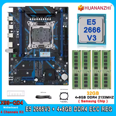Huananzhi X99 QD4 Motherboard Set Kit With LGA2011-3 Xeon E5 2666 V3 DDR4 32GB(4*8GB) REG ECC NVME M