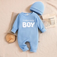2pc Newborn Baby Boys Cute "MAMA'S BOY"Letter Embroidery Waffle Knitted Jumpsuits And Hat, Mommy And