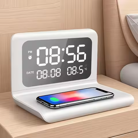 Wireless Charger Pad Stand with Alarm Clock Thermometer for iPhone 17 16 15 14 13 X Samsung Xiaomi P