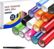 15 Roll Heat Transfer Vinyl, 12 Inch by 5 Feet HTV Vinyl Rolls, Easy to Cut Iron on Vinyl for Heat P