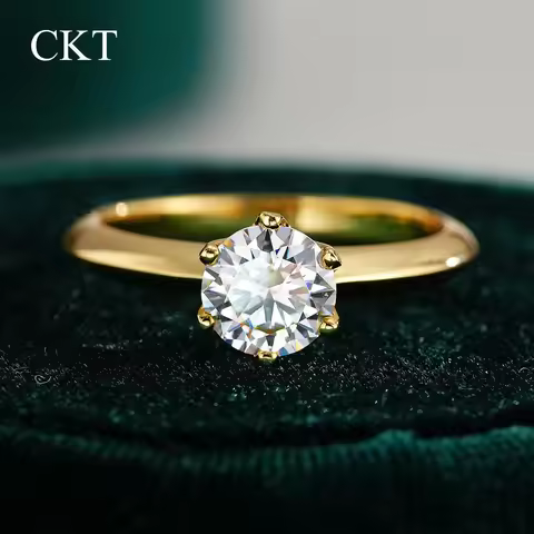 CKT Real 18k Gold Six-claw Rings for Women 6.5mm Round 1ct D Color Diamond Moissanite Fine Jewelry W