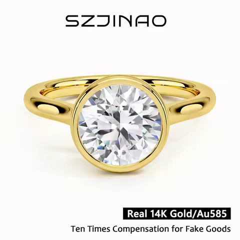 Classic Engagement Wedding Ring 14K Yellow Gold for Women Hollow Au585 Round Cut D Color Lab Moissan