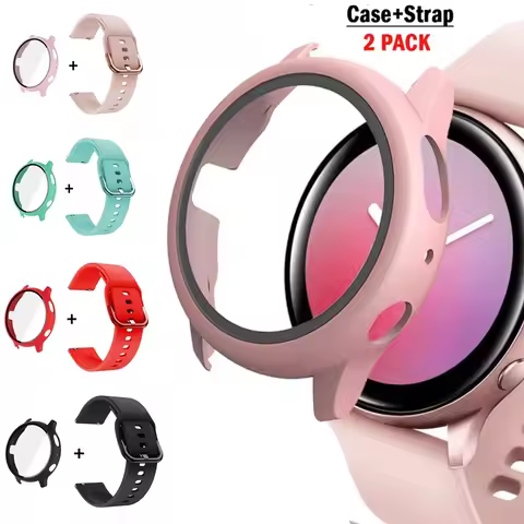 Glass Case+Strap+Screen Protector For Samsung Galaxy Active 2 40mm 44mm PC+Bumper Cover 20mm Watch B