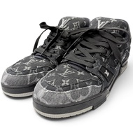 全新 □LOUIS VUITTONLouis Vuitton 2023 LV Trainer Line Monogram Denim 低筒運動鞋 黑色 9.5 號 義大利製造 男款