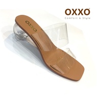 OXXO รองเท้าส้นแก้วกลมใส ด้านหน้าคาดพลาสติก2ชิ้น ใส่นิ่มใส่สบาย ดูหรูหรา X07004