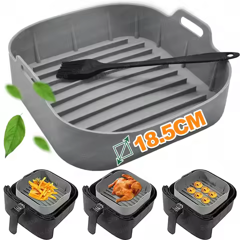 Air Fryer Square Reusable Silicone Liners & BBQ Brush for 3.5-5QT Basket, Non-Stick Baking Tray For 