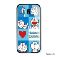 Jinsouwe เคสมือถือเคสโทรศัพท์เคส Xiaomi Redmi 8A โทรศัพท์กรณีหรูหราการ์ตูนโดราเอมอนแมวกรณีเคลือบเงากันกระแทกกระจกกลับ Soft ขอบฝาครอบป้องกันปลอก