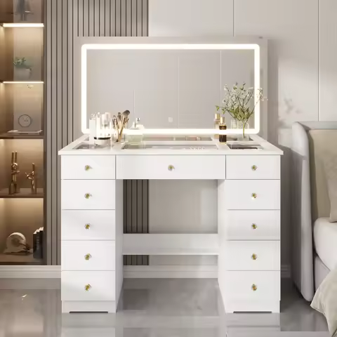 FUFU&GAGA Makeup Vanity with 11 Drawers & Glass Countertop, with Makeup Mirror & 3-Color LED Lightin