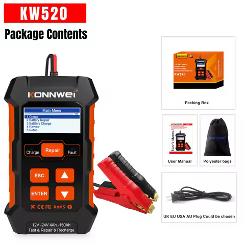 New KONNWEI KW520 12V 10A 24V 5A Automatic Car Truck Battery Tester Charger Lead Acid Car Battery Pu