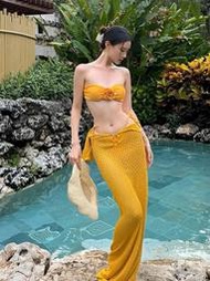 沙漠玫瑰黃色抹胸比基尼顯白立體花朵沙灘泳衣顯瘦長裙度假泳裝
