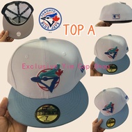 Toronto Blue Jays White Cap & Blue Brim Fitted Hat Fully Enclosed Flat Brim Reverse Wearing Baseball