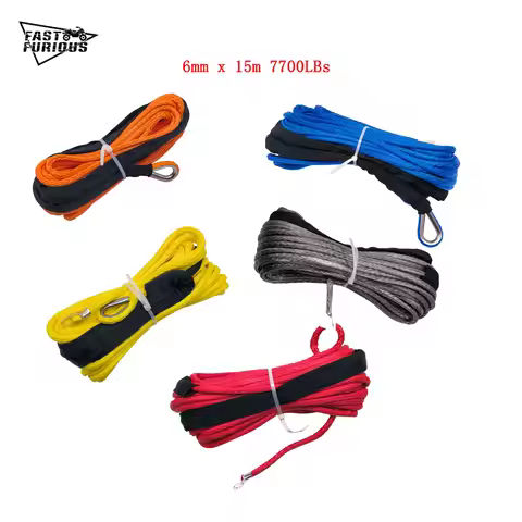 Synthetic Winch Line Cable Rope with Black Protecing Sleeve for ATV UTV 6mm x 15m 7700LBs