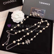 紫鑽🌟誠信商家🌟💜全新CHANEL 雙C鑲鑽珍珠長項鍊 白色 珍珠+銀鏈+水鑽