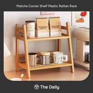 Matcha Corner Shelf Plastic Rattan Rack – Aesthetic Corner Shelf Woven Plastic Rattan for Coffee, Ma