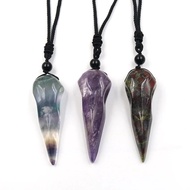 luogang0 XSM Crow Skull Pendant Necklace for Men Women Natural Amethyst Agate Geode Raven Skull Jewelry with Adjustable Rope