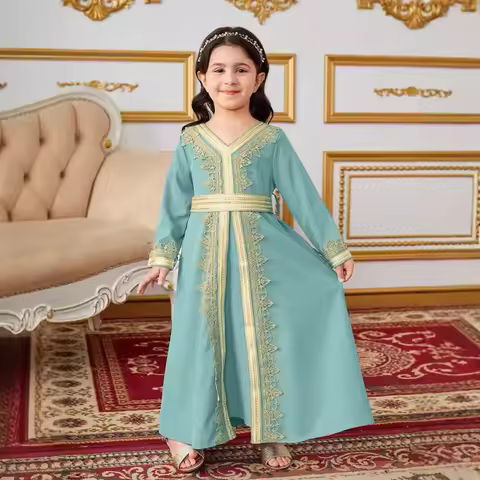 Middle East Dubai Girls Dresses Muslim Abayas Lace Long Sleeve Gowns Kids Robe Ramadan Dresses Arabi