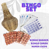 Bingo Set with Rattan shaker, chips wood and bingo cards
