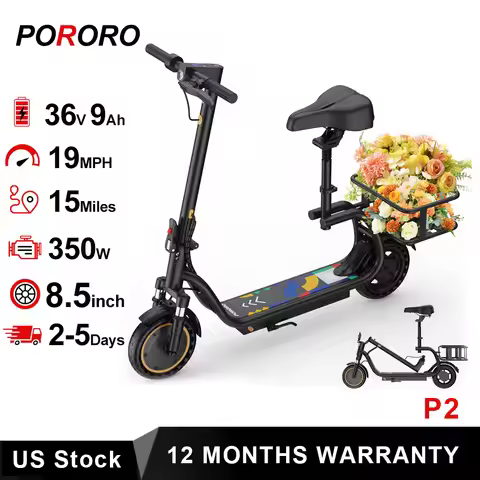 PORORO 8.5'' Electric Scooter with Seat & Basket,15miles Max Range,19MPH Max Speed,Foldable Adult E-