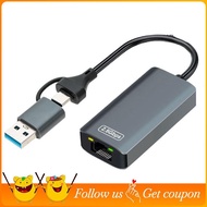 2500Mbps USB 3.0/Type C to RJ45 2.5G Ethernet Adapter LAN Converter Hub for Win7/8/10 for PC Laptop