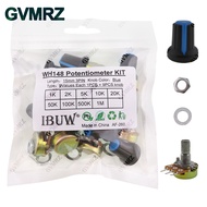 18PCS (9Values + 9Knobs) WH148 Potentiometer Kit (1K-1MΩ 15mm 3PIN) with Blue Knobs for Audio Equipm